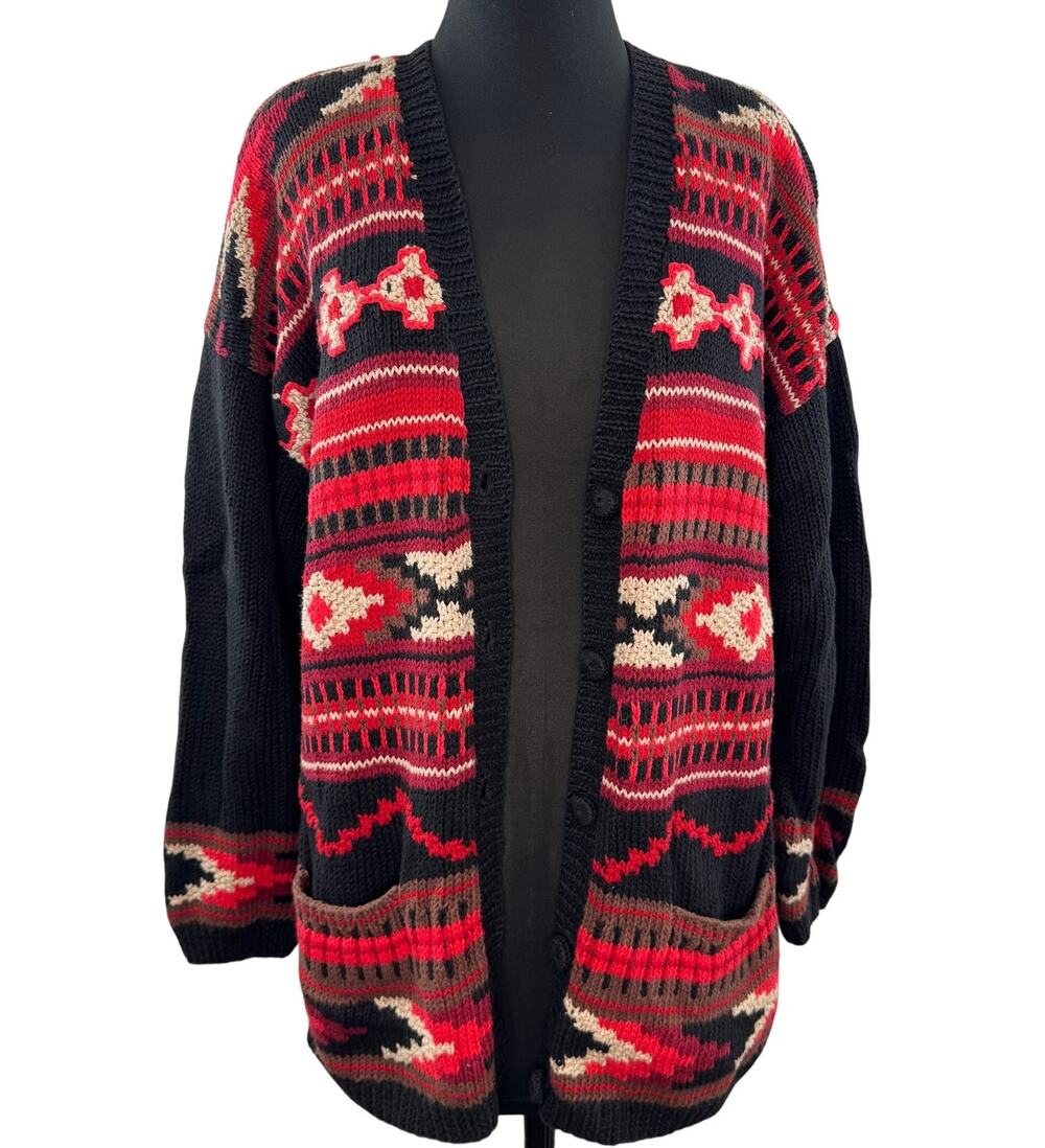 VINTAGE Karen Scott Black Red Cardigan Aztec Hand Knits Long Sleeve Size L Large